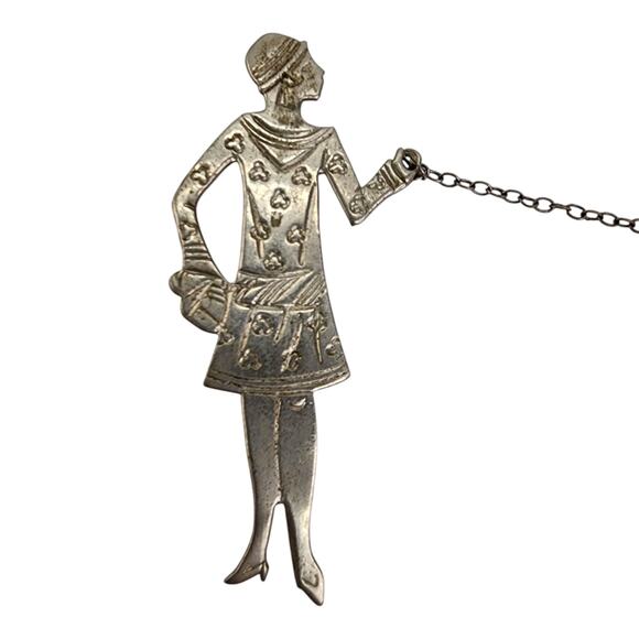 Art Deco Lady Walking Dog Brooch Lapel Pin Silver Tone Vogue Style 1920s Vintage - Picture 3 of 8